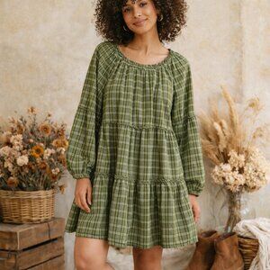 Wonderly Olive Green Plaid Tiered Mini Dress Cottagecore Boho Size M
